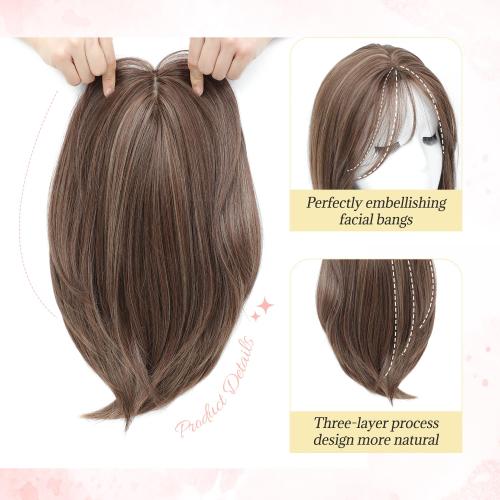 Ms Taj 12 Inch Hair Topper for Women with Thinning Hair, 6.5x6.5 Large Base Synthetic Hair Topper with Bangs, Ladies-Dark Golden Brown with Highlights