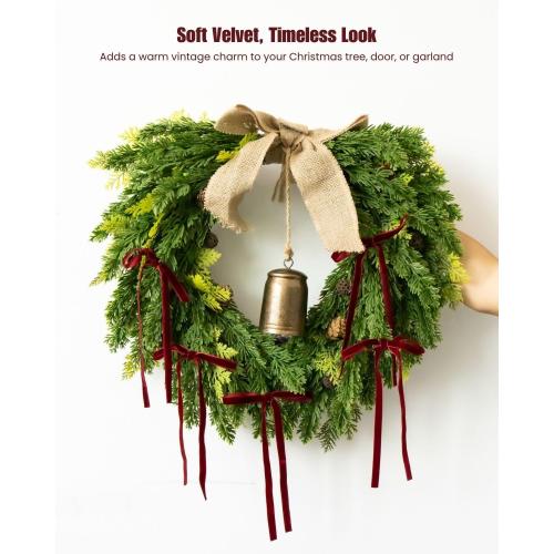 Velvet Christmas Tree Bows – 24 Pcs Holiday Bows (3/8 Wide, 5x7) with Star Clips – Easy Hanging for Tree, Wreath, Gifts & Décor (Burgundy)