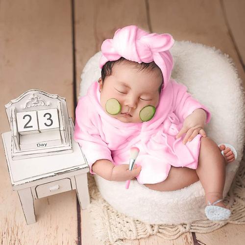 Pink SPOKKI Newborn Photography Props Newborn Girl Photoshoot Outfits Babies Robe Props with Bath Towel Slippers Cucumber Curler Hat Makeup Brush for Infant Boys Girls