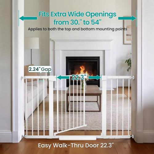 Cumbor 30-54 Extra Wide Baby Gate for Stairs, Dual Lock & Self-Closing Dog Gate Indoor, Easy Install Pet Gate for Doorways, Hallways & Kitchen, Easy Walk Thru Safety Proofing for Babies & Pets, White