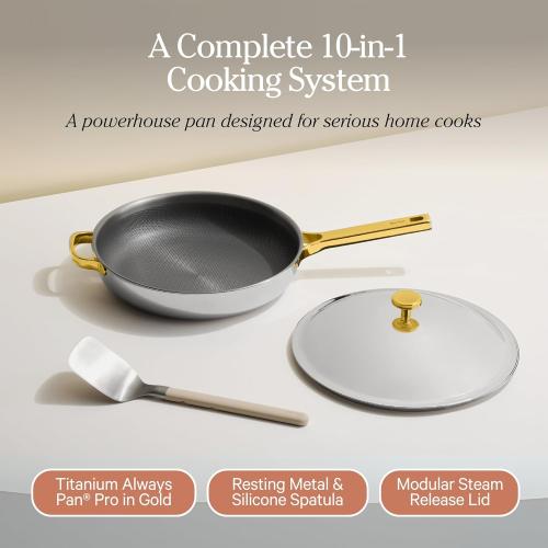 Our Place Titanium Always Pan Pro | 10.6 PFAS-Free Nonstick Frying Pan with Spatula | Chef-Grade Tri-Ply Stainless Steel & Aluminum Build | Induction & Oven-Safe up to 750°F | Gold