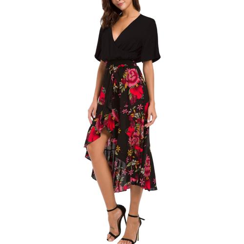 Kormei Womens Short Sleeve Floral High Low V-Neck Flowy Party Long Maxi Dress