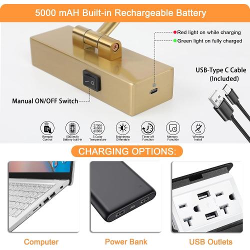 Tassuowell Wireless Picture Lights for Wall Rechargeable, Battery Operated Art Light for Paintings, 3CCT Dimmable, 15.7 Brass Finish with Remote, Rotatable Gallery Light for Pictures Display