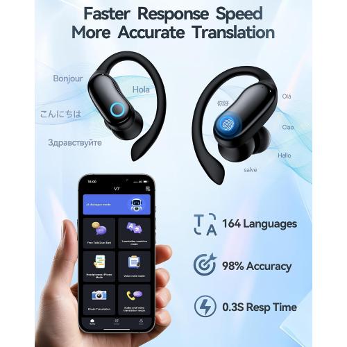 GNMN Active Noise Cancelling Ear Buds AI Translation Wireless Earbuds 96hrs Playback Bluetooth Headphones Dual Battery Display Stereo Bass Earphones with Earhooks Microphone for Sports/Runing/Workout