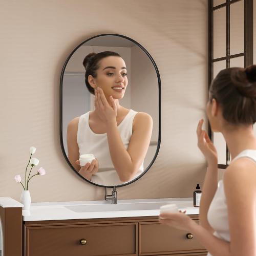 20x30 Black Oval Mirror, Bathroom Mirrors for Over Sink, Pill Shaped Mirror, Metal Framed Bathroom Vanity Mirrors for Wall, Modern Wall-Mounted Mirrors for Entryway, Hallway, Bedroom, Living Room