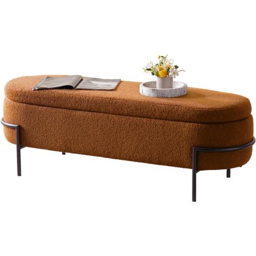 Size 52 Color brown Sherpa Storage Ottoman Bench for Bedroom, Brown End of Bed Bench with Storage, Upholstered Boucle Storage Bench with Metal Stand and Hinges, Oval Ottoman for Living Room, 52 Inch
