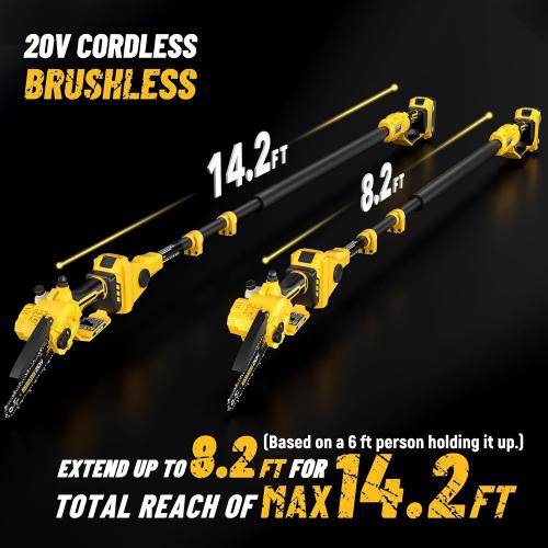 Size 14.2Ft Color yellow 2-in-1 Cordless 6 Inch Pole Saw & Mini Chainsaw, 20V MAX* 3.0 Ah Battery Powered Chain Saw, Brushless Motor, Lightweight (7.1 lbs), 14.2 FT Max Reach Pole Saw for Tree Trimming, Wood Cutting