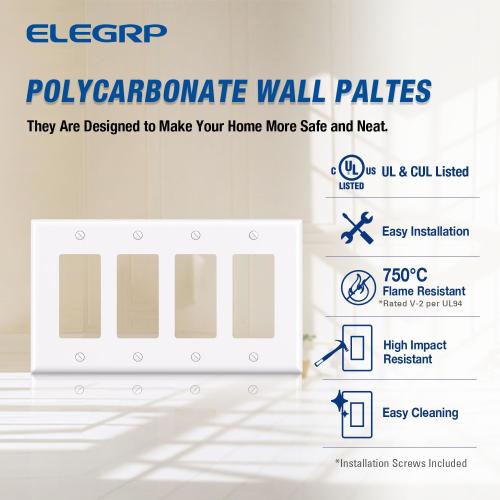 ELEGRP 4-Gang Decorative Wall Plates, Mid-Size 4.88 H x 8.57 L Unbreakable Thermoplastic Faceplate Cover for Decorator Receptacle Outlet Switch, UL Listed (1 Pack, Glossy White)
