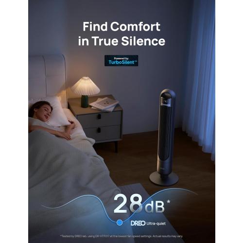 DREO Tower Fan for Bedroom, 90° Oscillating Standing Fans for Room with 4 Speeds, 3 Modes, 28dB Quiet for Sleep, 26ft/s Velocity, 8H Timer, Remote, Living Room, Office, Home, Black