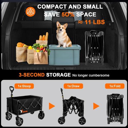 Collapsible Wagon with All Terrain Wheels, Large Grocery Cart On Wheels, 220LBS Utility Folding Wagon for Camping Shopping Beach Sports Fishing, Black