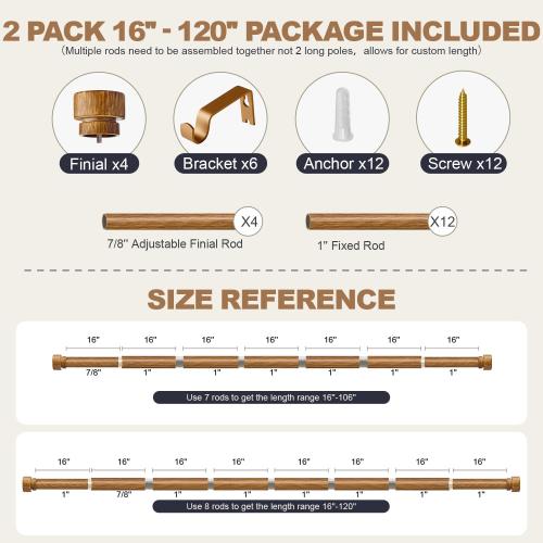2 Pack Wood Curtain Rods for Windows 66 to 120 Inches 1 Diameter Boho Decorative Heavy Duty Window Curtain Rod Set Adjustable with Handmade Wood Grain Design for Living Room Bedroom Kitchen