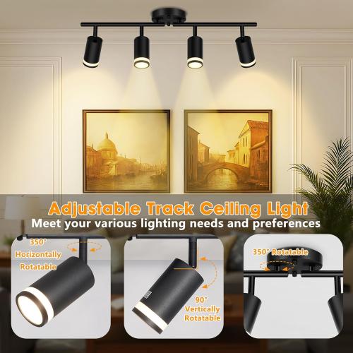 4-Light Kitchen Lighting Fixtures Ceiling Mount, Black Track Semi Flush Mount Ceiling Light, Modern Adjustable Multi-Directional Hallway Light Fixtures for Living Room, Dining Room, Foyer