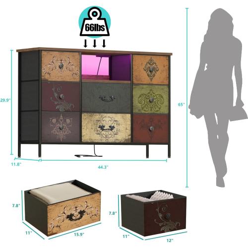VASICAR Pattern Dresser with LED Lights and Power Outlets, Dresser TV Stand with 8 Drawers for 55 TV, Fabric Chest of Drawers for Bedroom, Living Room, Entryway