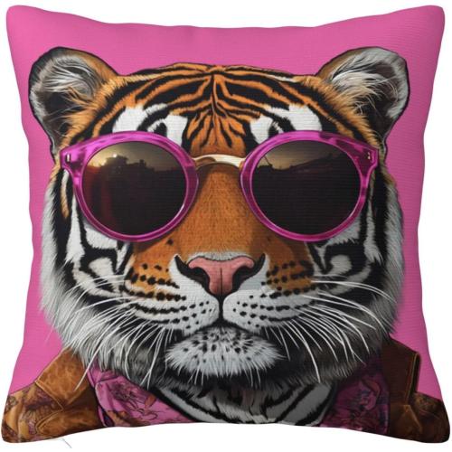 Tiger Throw Pillow Cover 18x18Inch, Tiger with Sunglasses, Home Set for Spring Summer Decorations Outdoor Decor Farmhouse Cushion Case for Home Holiday