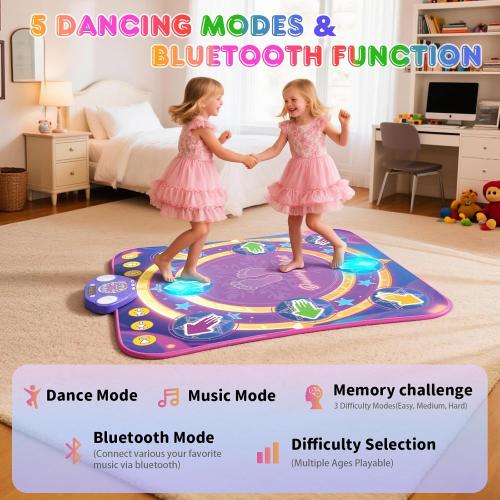 Dance Mat Toys for 3-12 Year Old Girls & Boys, Dance Mats with Light Up 8-Buttons & Wireless Bluetooth, Music Dance Toy with 5 Modes Game, Birthday Xmas Gifts for 3 4 5 6 7 8 9 10  Year Old Girls Boys