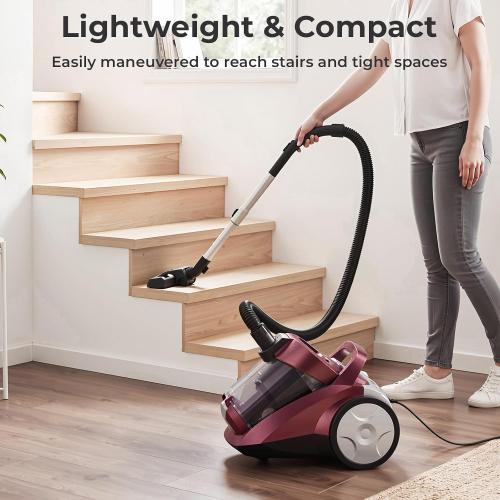 Canister Vacuum Cleaner, 45Kpa 1600W Bagless Canister Vacuum, 4Qt Large Dust Cup, Variable Speed Control, 5 Tools, Lightweight Canister Vacuum for Home, Pet, Carpet, Hard Floor, Red