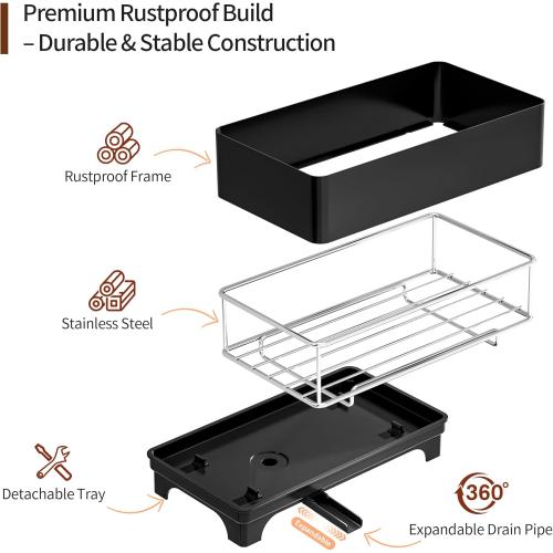 MOUKABAL Sponge Holder for Kitchen Sink, Rustproof Stainless Steel Black | Large Capacity/360° Rotating Drain Keeps Counter Dry/Holds Sponges & Soap Bottle/Easy-Clean Removable Tray