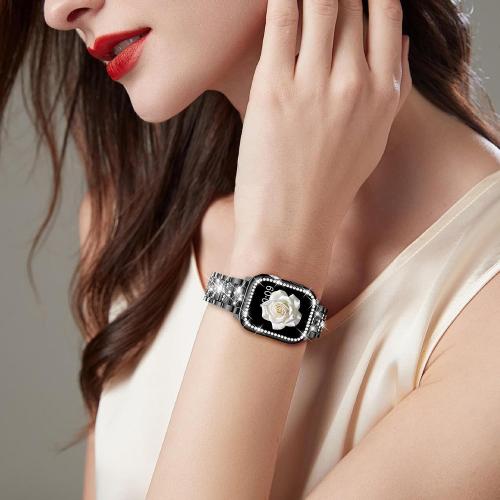 Mosonio Compatible with Apple Watch Band 38mm 40mm 41mm 42mm 44mm 45mm 46mm 49mm with 2 Pack Case Women, Jewelry Replacement Metal Bands Strap with Bling PC Protective Case for iWatch Ultra SE Series 11/10/9/8/7/6/5/4/3/2/1
