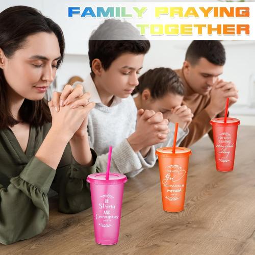 Havawish 24 Pcs Inspirational Christian Gift Bible Verse Tumbler Bulk 24 oz Drinking Tumblers with Lid Straw Religious Plastic Cup for Christmas Appreciation Day Women Men Sunday School (Colour)