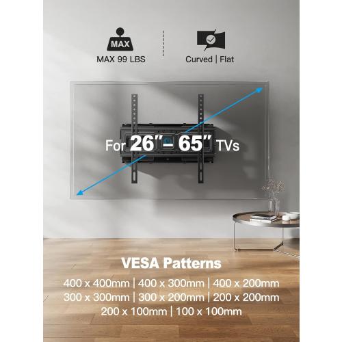 Pipishell TV Wall Mount for 26-65 inch LED LCD OLED 4K TVs up to 99lbs, Full Motion TV Mount Bracket Articulating Swivel Extension Tilting Leveling Max VESA 400x400mm, Fits 12/16 Inch Wood Studs