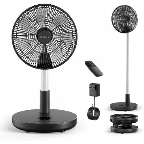 TriPole Foldable Standing Fan 12 Portable Rechargeable Quiet Fans, 6 Speed | Auto-oscillating, 12000mAh Battery Folding Fan, LED Display, Remote Control, Timer Setting, Height Adjustable for Home Office