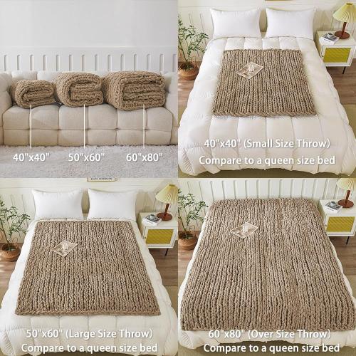 WESHIONGOO Chunky Knit Blanket Throw Knitted Throw Blankets for Couch Bed Fluffy Soft Blanket with Jumbo Chenille Yarn Thick 100% Handmade (Brown)