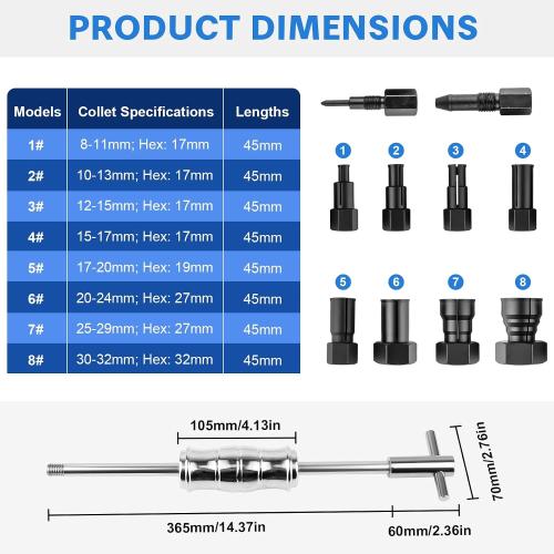 12pcs Blind Hole Collet Bearing Puller Set Slide Hammer 8-32mm | Expandable collets, pilot bearing removal tool for internal & wheel bearings, for automotive and motorcycle use
