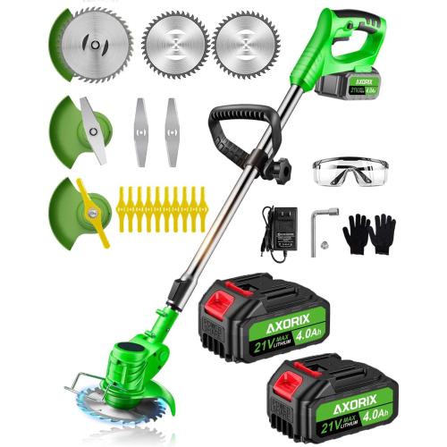 21V Weed Wacker Cordless, Electric Weed Eater Battery Powered | 2Pcs 4000mAh Batteries, 3 Types Blades, Lightweight Cordless Brush Cutter, Stringless Grass Trimmer, Green