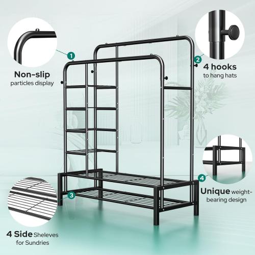 Clothes Rack, Double Rods Clothing Rack with 2 Bottom Shelves & 4 Side Shelves, Metal Garment Rack for Hanging Clothes, Heavy Duty Clothes Rack for Bedroom, Laundry, Living Room, Black