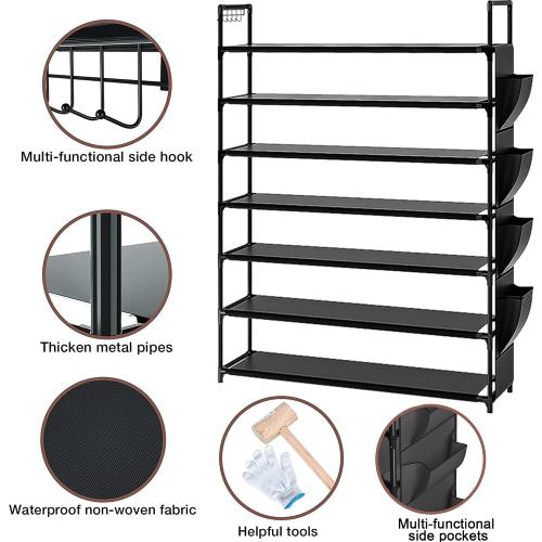 Large Capacity 7 Tier Shoe Rack, Black, 33.3in Wide x 11.2in Deep x 48.7in Tall, Holds 28-35 Pairs of Shoes, Ultra-Minimalist Style, Waterproof and Durable