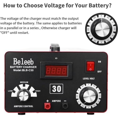 Adjustable Battery Charger 12V 24V 36V 48V 60V 72V Smart LCD Display Pulse Repair Desulfator Cable Clamps Automotive Maintainer for Golf Cart Mower Boats, PWCs Truck RV ATV SUV