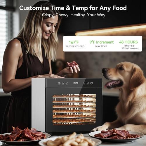 Food Dehydrator with Adjustable Timer & Temperature, 8 Stainless Steel Trays, 650W Powerful Machine, Quiet Operation Dehydrator for Jerky, Fruits, Herbs, Dog Treats