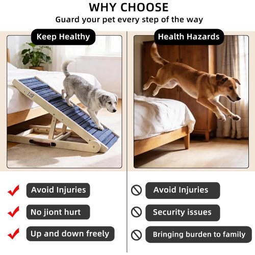 ZJSF Foldable Dog Ramp for High Bed, Wooden Dog Stairs to Bed for Small and Large Dogs, High Traction Platform with 6 Adjustable Heights (12.2-26), 40 L, Supports up to 180 lbs
