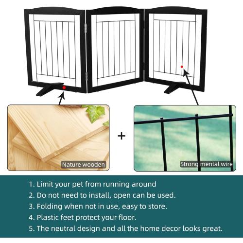 ZJSF Freestanding Dog Fence Indoor, Foldable Dog Gate for Doorways, Stairs or Hallways, Sturdy Wood Extra Wide Pet Gate with Support Feet for The House, Black, 24 Height-3 Panels
