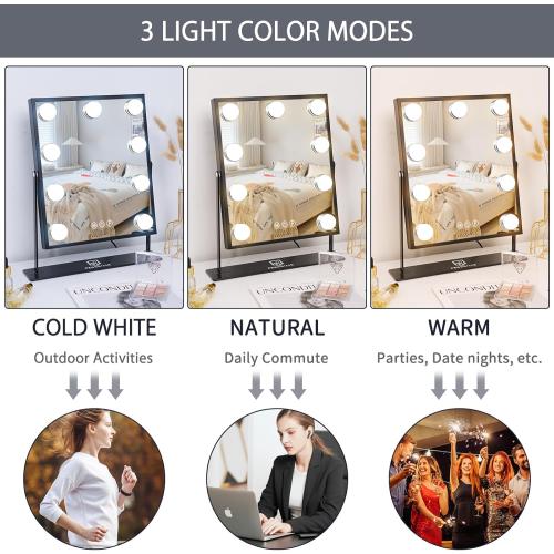FENCHILIN Hollywood Mirror with Light 12.0W'' * 14.5L'' Lighted Makeup Mirror Vanity Makeup Mirror Smart Touch Control 3 Colors Dimable Light Detachable 10X Magnification 360°Rotation(Black)