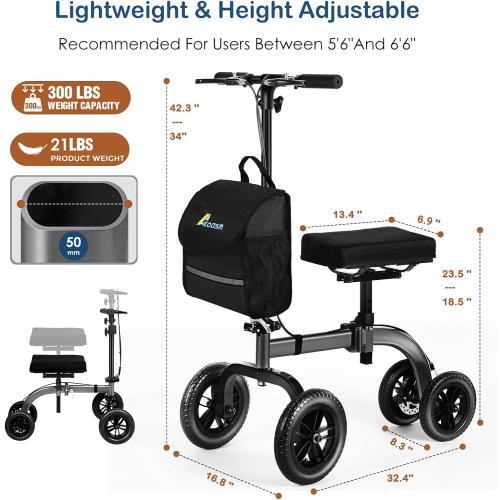 Collapsible All Terrain Knee Scooter for Adults for Foot Surgery, Adjustable Knee Walker Cart Scooters with Basket, Clearance Knee Crutchs Alternative for Broken Leg Ankle Injuries, Dual Brakes, Grey