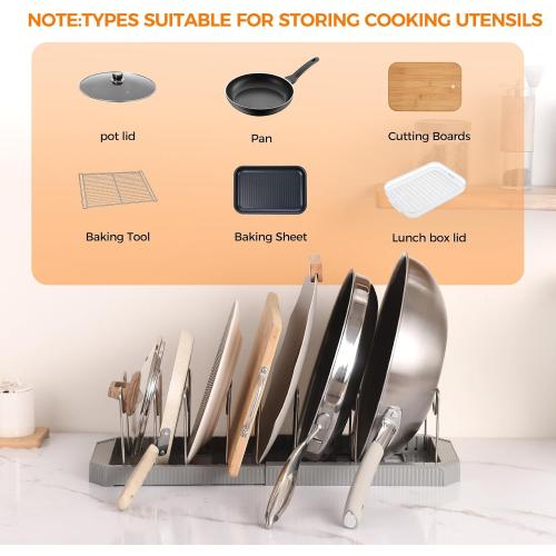 Adjustable Pot Lid Organizer Rack, 9 Compartments Cabinet Storage Holder for Pots, Pans, Lids, Cutting Boards, Bakeware