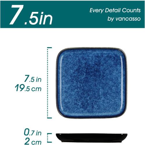 vancasso Stern Square Dinner Plates Set of 4, 7.5 Inch Dessert Plates, Reactive Change Glaze Blue Serving Pasta Salad Plate Dish, Scratch Resistant