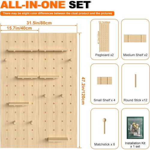 AMSXNOO Modular Wood Peg Board Wall Organizer Kits, 31.5X47.2IN/80X120CM | Heavy Duty Wood Pegboard, Includes shelves and matchsticks, for Office Bedroom Living Room Study Room Craft Room