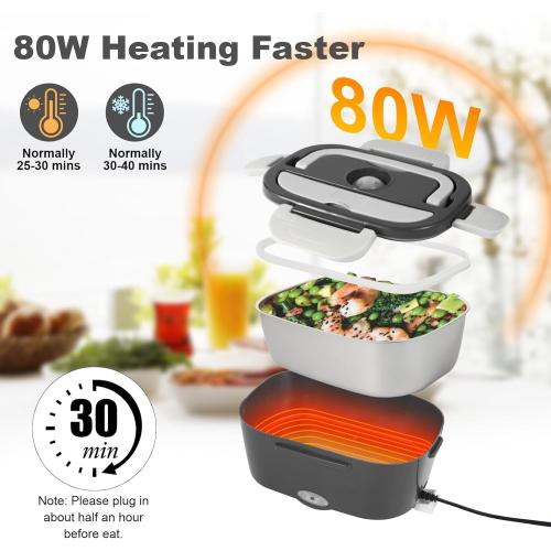 Electric Lunch Box, 12V/24V/110V Portable Food Warmer with SS Fork & Spoon for Car/Truck/Office, 80W Self Heating Lunch Box with 1.5L 304 Stainless Steel Container & 0.45L PP Fruit Box Beige