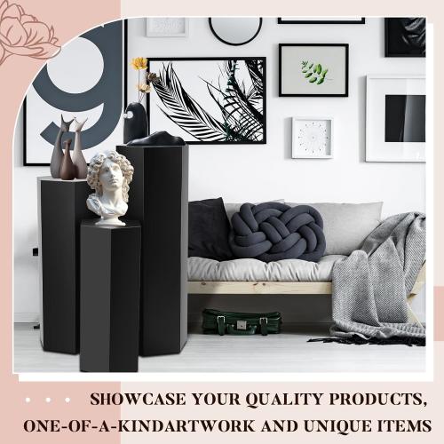 Yaocom 3 Pcs Pedestal Stand for Display Metal Hexagonal Pedestal Stand Cylinder Cake Dessert Plant Table Pillar for Wedding Sculpture Collection Vase Party Decor, 23.6/29.5/35.4 Inch Tall(Matte Black)