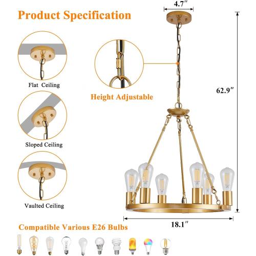 6 Lights 18.1 Gold Wagon Wheel Chandelier,