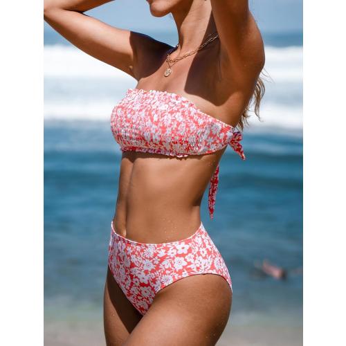 Size S...CUPSHE Bikini Set for Women Two Piece Swimsuit Bandeau Top Back Tie Mid Waisted Bottom with Removable Shoulder Straps