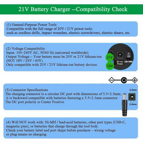 21V Lithium Battery Charger, for 20V 21V Power Tools - Compatible with Leaf Blower, Mini Chainsaw, Hand Drills, Electric Wrenches, Screwdrivers - Fast Charging & Overload Protection.