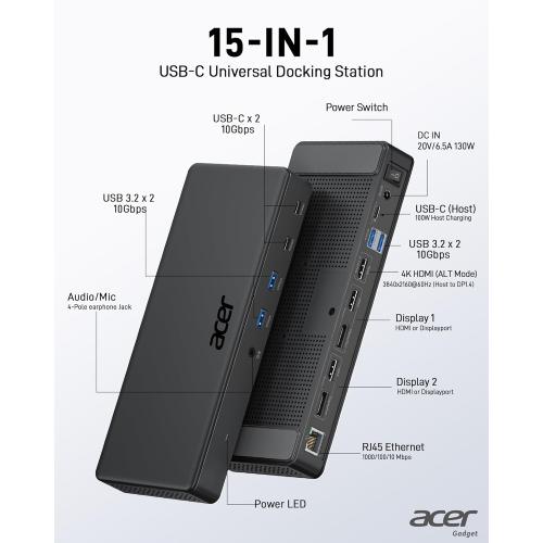 Acer 15-in-1 Laptop Docking Station Support DisplayLink Triple Monitors, USB C Docking Station, 130W Power Adapter, 10Gbps Data Transfer, 1Gbps Ethernet for MacBook Pro/Air, Acer Laptops, PC and More