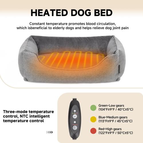 Heated Dog Bed with Auto Sensing Heated pad, 3-Temperature Settings & Chew-Resistant Cord - 33x25 Inch Luxury Sofa-Style Heated Pad for Large Dogs