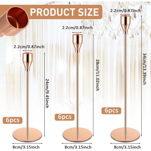 Set of 18 Tall Candlestick Holders Thin Metal Taper Candle Holders for Table Centerpiece Modern Decorative Pillar Candle Sticks Stand for Home Wedding Christmas Decoration(Rose Gold)
