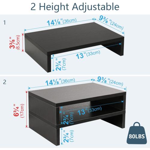TEAMIX Wood Monitor Stand Riser-2 Pack, 2 Tier Adjustable Monitor Stand Dual Monitor Riser for 2 Monitors/Laptop/PC Black Computer Stand for Desk