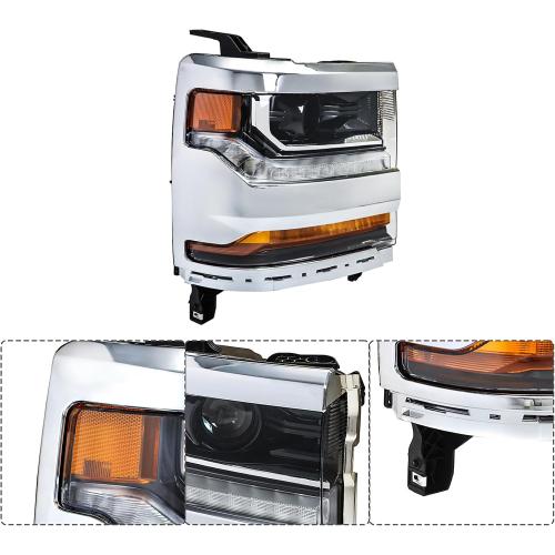 labwork 1PC Headlight Assembly Chrome Housing Replacement for Silverado 1500 2016-2018 HID with DRL Passenger Side RH 84356947 GM2503445
