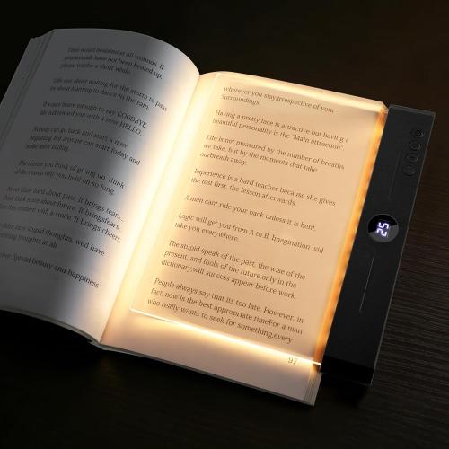 Flat Book Light, Rechargeable Clear LED Smart Reading Light with 3 Colors & Timer, Dimmable Full Page Panel Plate Lamp, Eye Protection, Portable Flat Reading Light for Bedside, Travel, Study (Black)